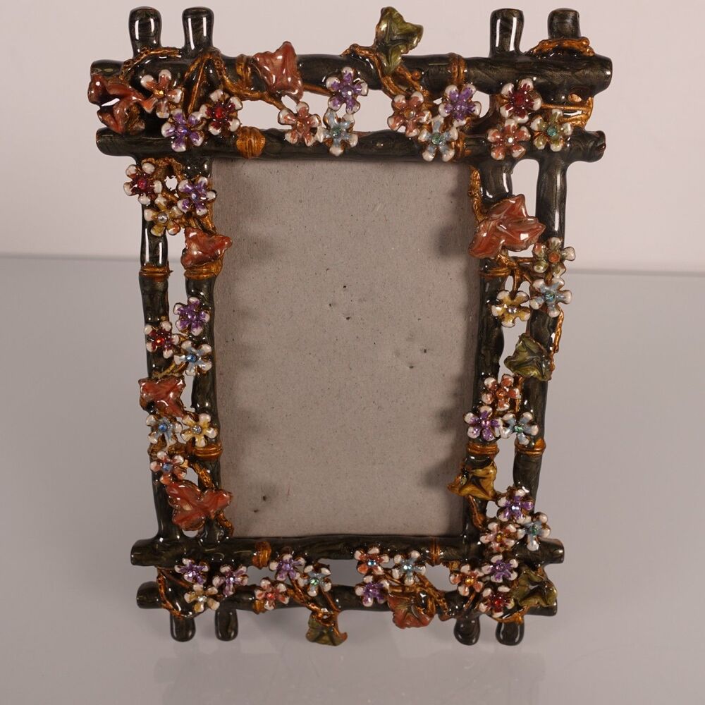 Vintage Maison Rouge Ornate Enameled Jeweled Floral Bamboo Picture Frame Small